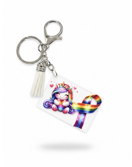 Handmade Rainbow Unicorn White Tassel Awareness Keychain Chronic &amp; Invisible Illness Support