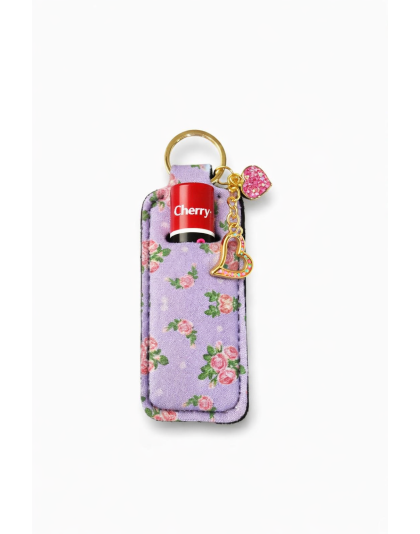 Purple Floral Lip Balm Holder Keychain Sleeve Rare, Chronic &amp; Invisible Illness Support &amp; Awareness