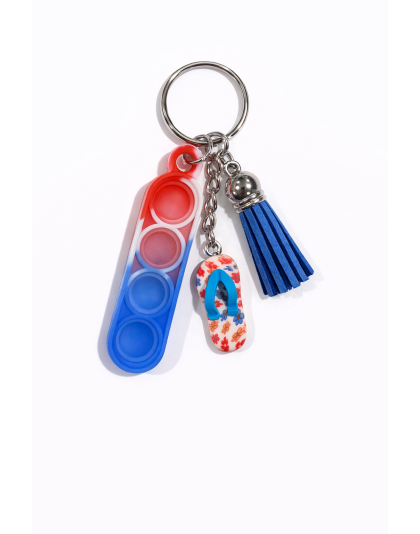 Red White &amp; Blue Silicone Mini Pop Fidget With Adorable Orange Flip Flop Blue Tassel Keychain Sensory Toy Raise Awareness Support Rare Chronic &amp; Invisible Illness
