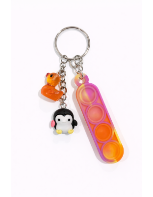 Pink &amp; Orange Swirl Silicone Mini Pop Fidget With Adorable Black Penguin and Orange Duck Charms Keychain Sensory Toy Raise Awareness Support Rare Chronic &amp; Invisible Illness