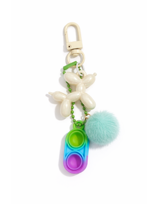 Green Blue Purple Silicone Mini Pop Fidget Keychain Beige Balloon Dog Charm &amp; Teal Pom-Pom Sensory Toy Raise Awareness Support Rare Chronic &amp; Invisible Illness