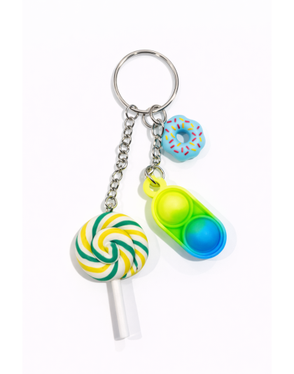 Yellow Green Blue Silicone Mini Pop Fidget With Blue Donut &amp; Green and Yellow Swirl Lollipop Keychain Sensory Toy Raise Awareness Support Rare Chronic &amp; Invisible Illness