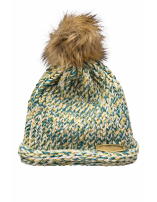 Green and Brown Hand Knit Winter Beanie Hat w Pom Pom Warm Cozy Handmade Knit Cap Unisex Support &amp; Awareness For Chronic Rare Illness