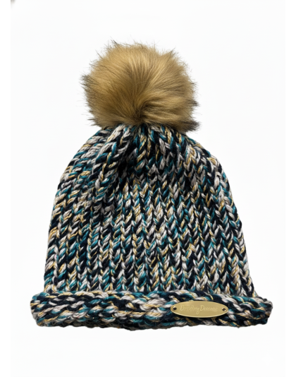 Blue Teal Gold Hand Knit Winter Beanie Hat w Pom Pom Warm Cozy Handmade Knit Cap Unisex Support &amp; Awareness For Chronic Rare Illness