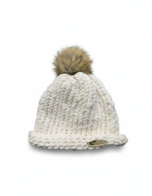 Beige Hand Knit Winter Beanie Hat w Pom Pom Warm Cozy Handmade Knit Cap Unisex Support &amp; Awareness For Chronic Rare Illness