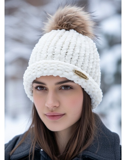 Beige Hand Knit Winter Beanie Hat w Pom Pom Warm Cozy Handmade Knit Cap Unisex Support &amp; Awareness For Chronic Rare Illness