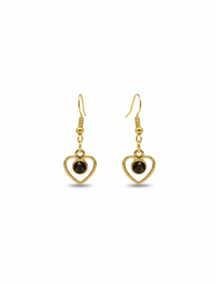 Handmade Gold Heart Brown Stone Dangling Earrings Gold Supporting Awareness for Chronic Rare and Invisible Illnesses