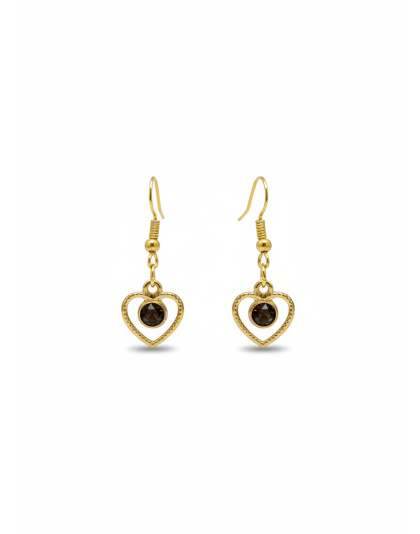 Handmade Gold Heart Brown Stone Dangling Earrings Gold Supporting Awareness for Chronic Rare and Invisible Illnesses