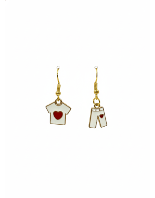 Handmade White Shirt &amp; Pants With Red Heart Dangling Earrings Gold Supporting Awareness for Chronic Rare and Invisible Illnesses