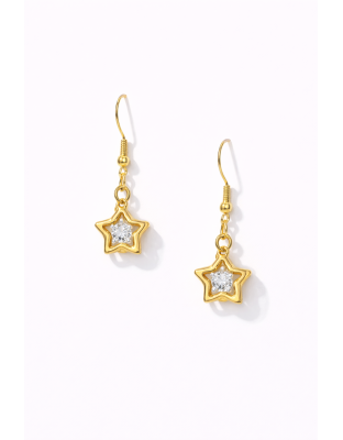 Handmade 3-D Gold Star Clear Stone Dangling Earrings Supporting Awareness for Chronic Rare and Invisible Illnesses