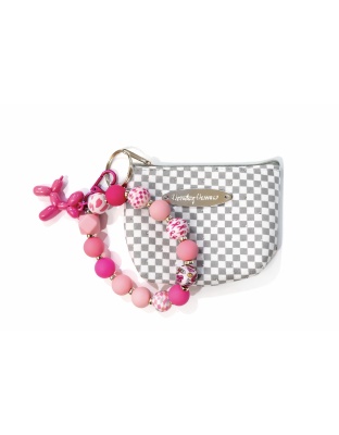 Gray &amp; Pink Beaded Wristlet Balloon Dog Charm Pouch Support Awareness Chronic and Rare Diseases
