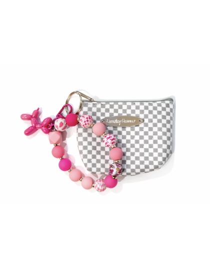 Gray &amp; Pink Beaded Wristlet Balloon Dog Charm Pouch Support Awareness Chronic and Rare Diseases